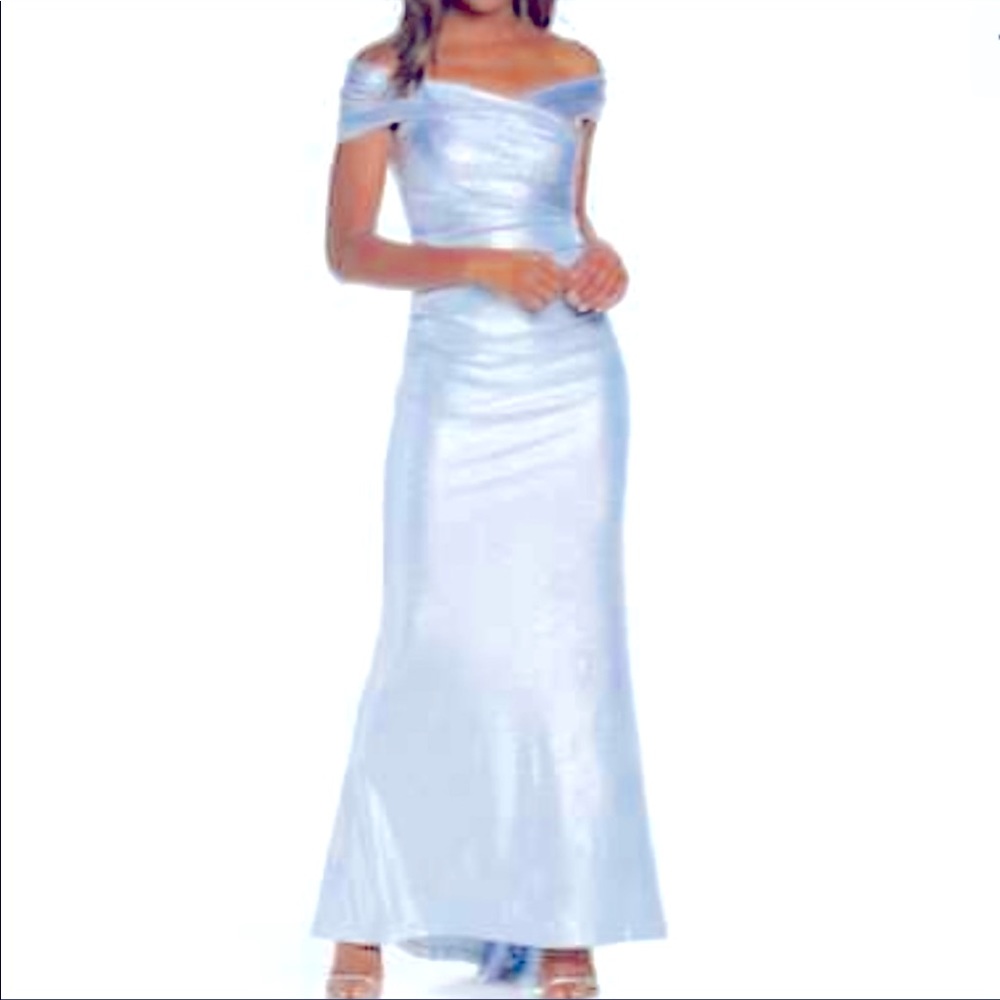 ELIZA J, Blue/Silver Off The Shoulder Foil Knit Gown.